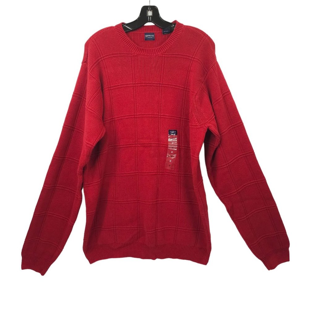 Arrow Windowpane Crewneck Sweater Mens Size Large Tall Red Cotton Long Sleeve